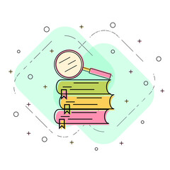 Books and magnifying glasses linear icon. Creative flat design vector.