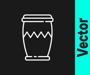 White line Drum icon isolated on black background. Music sign. Musical instrument symbol. Vector.