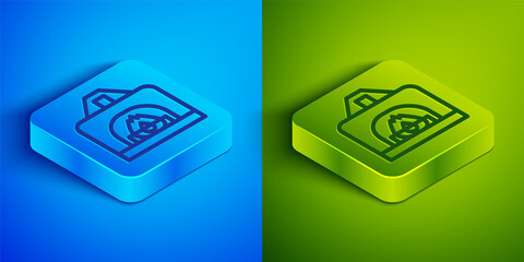 Isometric line Interior fireplace icon isolated on blue and green background. Square button. Vector.