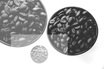 Background and texture,Double multiple exposure.  Beautiful brown natural grains of fresh coffee. Color photo, coffee texture. Flat lay, top view. Copy space for text.