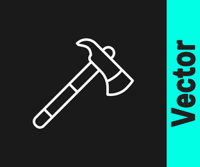 White line Firefighter axe icon isolated on black background. Fire axe. Vector.