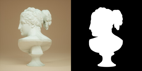 Bust of Venus Italica bust isolated on beige background, via an black and white alpha channel. 3d render illustration. 