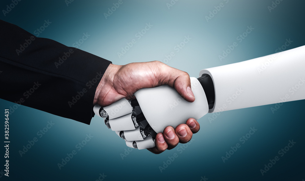 Aufkleber 3d rendering humanoid robot handshake to collaborate future technology development by ai thinking br