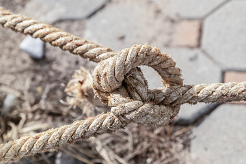 old weathered rope with a sea knot close-up on a blurry pier background