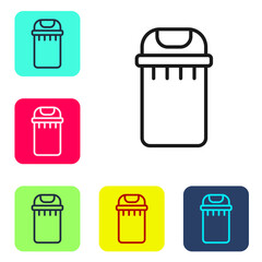 Black line Trash can icon isolated on white background. Garbage bin sign. Recycle basket icon. Office trash icon. Set icons in color square buttons. Vector.