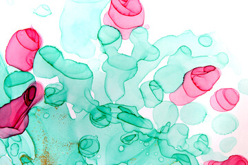 Green and pink floral abstract pattern isolated on white background. Transparent watercolor pink, green and gold texture with roses.