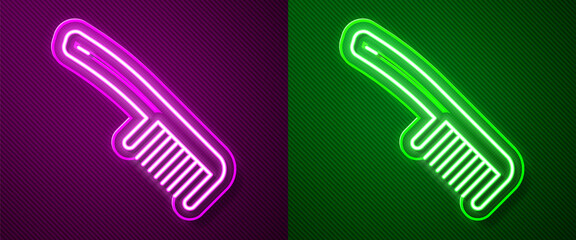 Glowing neon line Hairbrush icon isolated on purple and green background. Comb hair sign. Barber symbol. Vector.