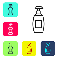 Fototapeta premium Black line Bottle of liquid antibacterial soap with dispenser icon isolated on white background. Antiseptic. Disinfection, hygiene, skin care. Set icons in color square buttons. Vector.