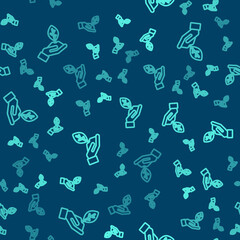 Green line Plant in hand of environmental protection icon isolated seamless pattern on blue background. Seed and seedling. Planting sapling. Ecology concept. Vector.