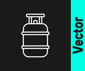 White line Propane gas tank icon isolated on black background. Flammable gas tank icon. Vector.