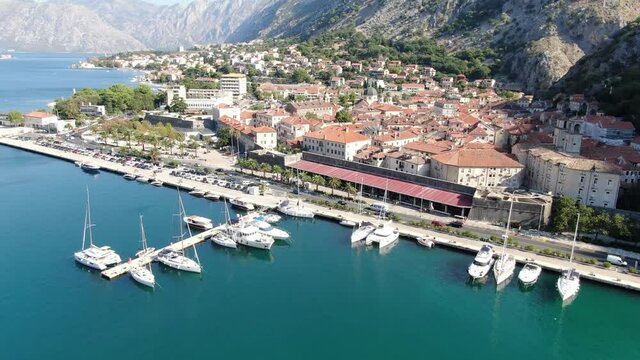 Aerial view of Kotor old town, Montenegro, the coast of Kotor Bay, Adriatic sea