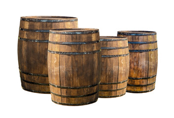 background oak barrels set in a row on a white basis pattern
