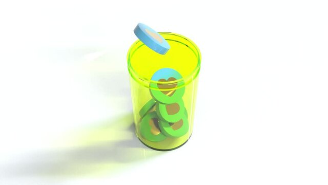 Stylized Viagra pills fall into a yellow jar.