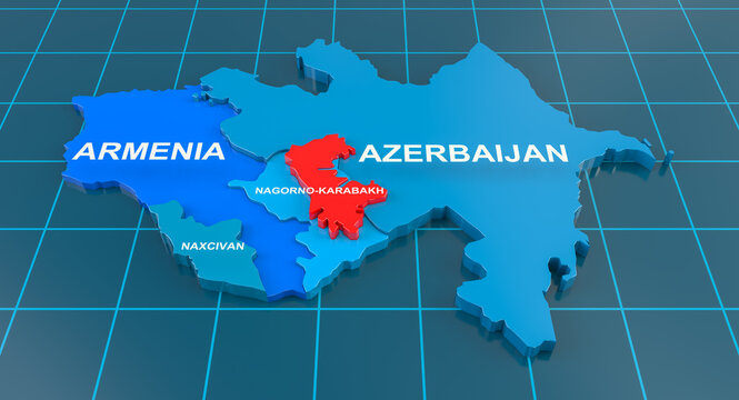 Armenia-Azerbaijan conflict in Nagorno-Karabakh on 3d geographic map. 3d rendering