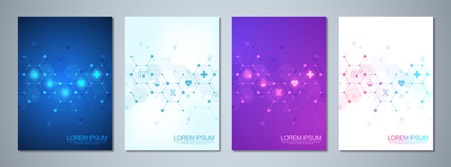 Set of template brochures or cover book, page layout, flyer design. Concept and idea for health care business, innovation medicine, pharmacy, technology. Medical background with flat icons and symbols