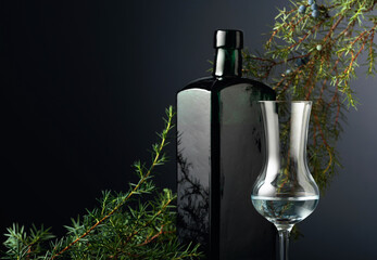 Juniper tincture or gin on a black background.