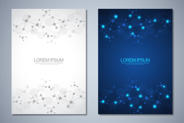 Obraz premium Templates brochure or cover book, page layout, flyer design with abstract background of molecular structures and DNA strand. Concept and idea for innovation technology, medical research, science.