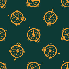 Seamless pattern. Clock from gold gears on a green background. For packaging, wrapping paper and decoration