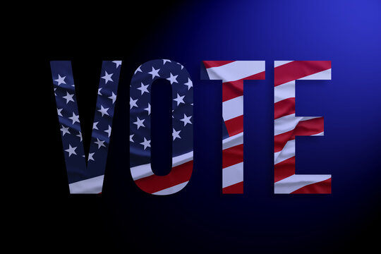 USA vote concept. United States of America Presidential Election 2020. Text with american flag on blue background