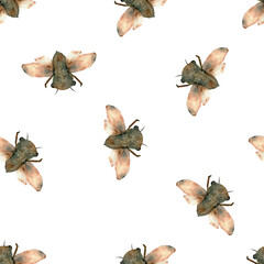 Oriental japan vintage magic watercolor seamless pattern with cicada in muted vintage taupe colors.