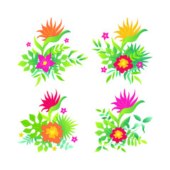 Set of wreath colorful tropical leaves and Tropical flower composition, Vector illustration isolated on white background. 
