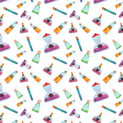Watercolor witch bottles, flasks and containers. Halloween wizard seamless pattern. Holiday art colorful background clip art. 