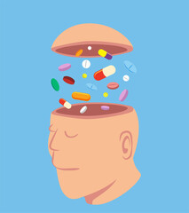 Man with a lot of pills in his open head, idea concept cartoon isolated on blue background vector illustration