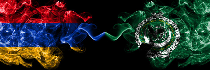 Armenia vs Arab League smoky mystic flags placed side by side. Thick colored silky abstract smoke...