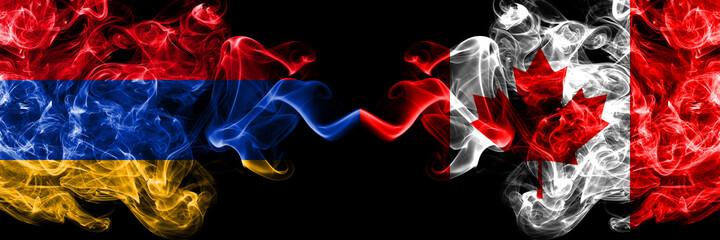Armenia vs Canada, Canadian smoky mystic flags placed side by side. Thick colored silky abstract smoke flags