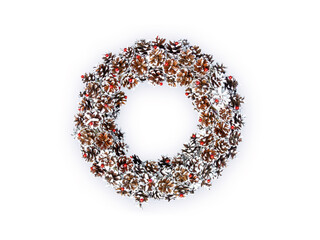 Christmas wreath isolated on white background with copy space. Traditional Christmas wreath made of bleached pine cones and bright red beads for greeting cards, invitations, advertising.