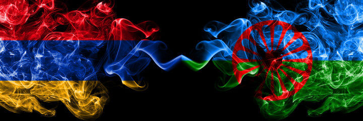 Armenia vs Gipsy, Roman smoky mystic flags placed side by side. Thick colored silky abstract smoke flags