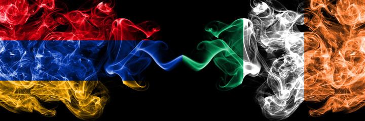 Armenia vs Ireland, Irish smoky mystic flags placed side by side. Thick colored silky abstract smoke flags
