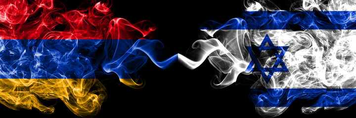 Armenia vs Israel, Israeli smoky mystic flags placed side by side. Thick colored silky abstract smoke flags