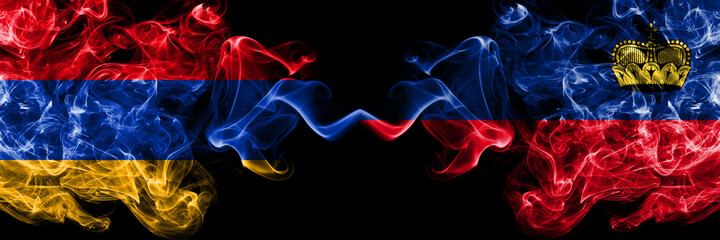 Armenia vs Liechtenstein, Liechtensteins smoky mystic flags placed side by side. Thick colored silky abstract smoke flags