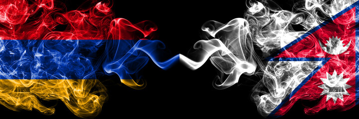 Armenia vs Nepal, Nepalese smoky mystic flags placed side by side. Thick colored silky abstract smoke flags