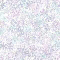 Blue and pink transparent snowflakes on a white background.