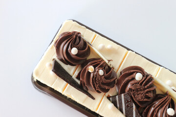 chocolate chiffon cake on white background, Top View.