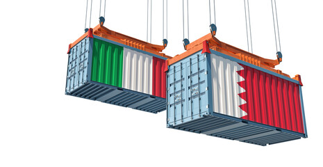 Freight containers with Italy and Bahrain national flag. 3D Rendering