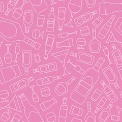 Alcohol drink - Vector background (seamless pattern) of glass, bottle, wine, beer, champagne, whiskey, vodka, cognac and others for graphic design