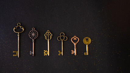 Many different old keys from different locks, in order in a line, flat lay.