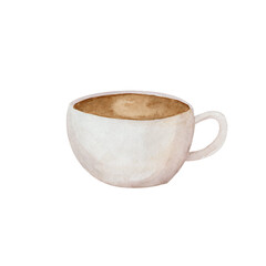 Coffee cup watercolor illustration. White mug with coffee drink isolated on white background. 