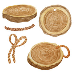 Wood coaster set isolated on white background. Wooden cut collection watercolor illustration.