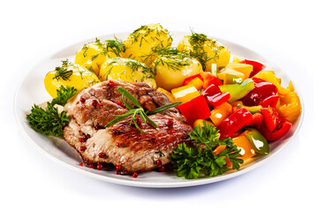 Grilled steak with boiled potatoes and vegetables on white background
