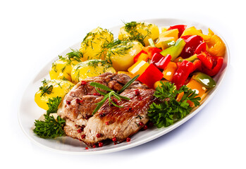 Grilled steak with boiled potatoes and vegetables on white background
