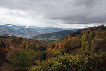 paysage d'une forêt automnale. Massif vosgien automnal. Les Vosges en automne