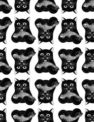 Seamless vector pattern with black cat eating fish. Funny character design for fabric, background, wallpaper, textile, print