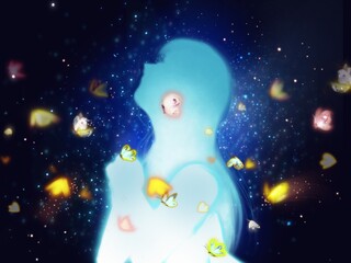 silhouette of woman prayer in starry space background