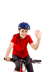 Teenage girl with bicycle isolated on white background
