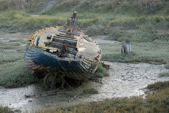 Dilapidated fishing boat at Rye Harbour, East Sussex