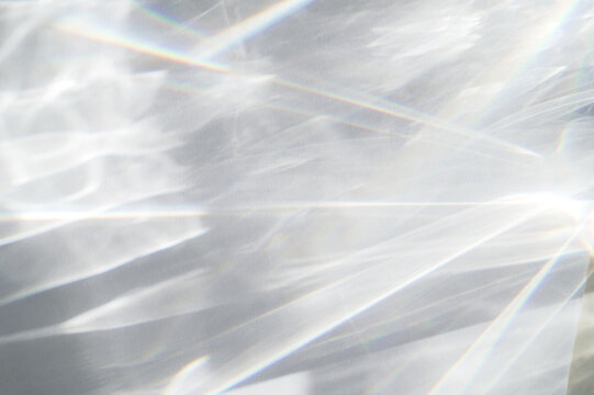 Water texture overlay effect, rays of light  shadow overlay effect with rainbow reflection of light from water on a white background, mockup and backdrop